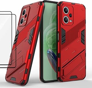 Capa Xiaomi Poco F5 (com filme temperado de proteção de tela), robusto e elegante, suporte telefônico criativo para o modelo Xiaomi Poco F5-Vermelho