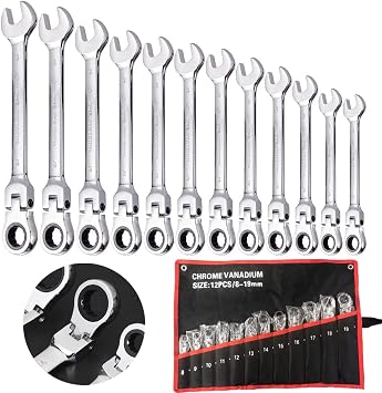 12PCS Flexible Ratchet Spanner Set, 819mm Metric Combination Wrench Set With Roll Bag, Flex Head Gear Ring Ratchet Spanner Kit, Chrome Vanadium Steel, Diy Hand Tools For Home, Bike, Car Repairs