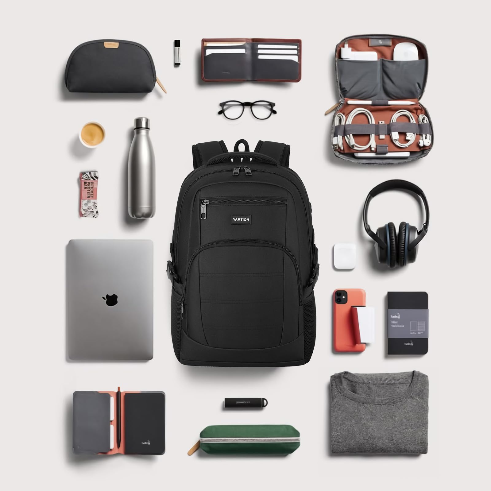 YAMTION Zaino nero per uomini e donne, zaino per computer portatile con porta di ricarica USB, zaino per la scuola per ragazzi e ragazze, zaino leggero per libri da lavoro, adatto per notebook da 17,3