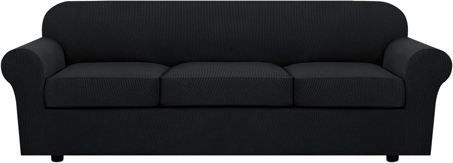 H.VERSAILTEX 4 Piece Stretch Sofa Covers for 3 Cushion Couch Covers for Living Room Furniture Slipcovers (Base Cover Plus 3 Seat Cushion Covers) Upgraded Thicker Jacquard Fabric (XL Sofa, Black)