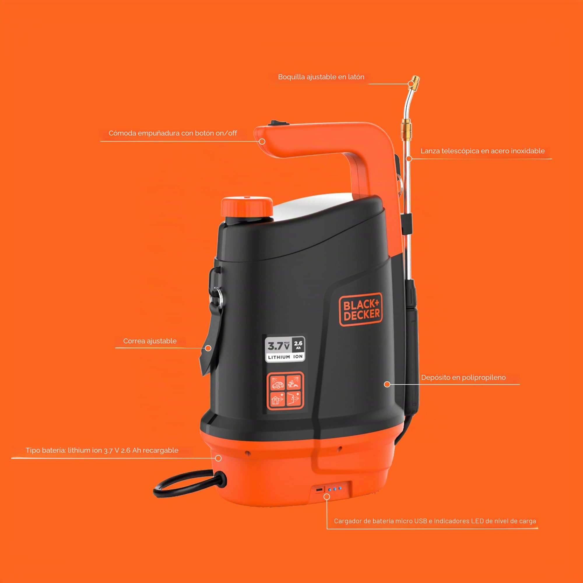 BLACK+DECKER – Pulverizador de batería 5L, batería de litio 3,7 V, recargable presión 2 bar pulverizador jardín