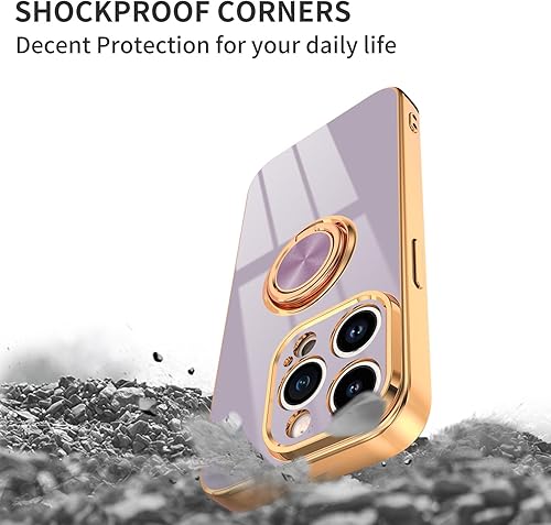 Miniatura 4 de Funda púrpura para iPhone 15 Pro con soporte de anillo con magnético parachoques de TPU suave, cubierta galvanizada dorada con purpurina, funda