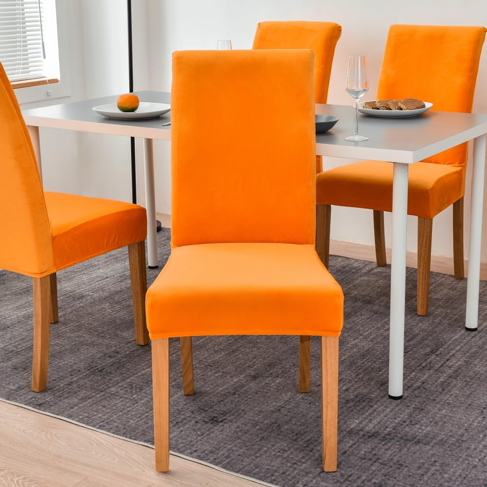 Juego de 2 fundas para sillas de comedor de terciopelo naranja, elegantes protectores de asiento de cocina con respaldo, perfectas para decoración de comedor y protección de muebles