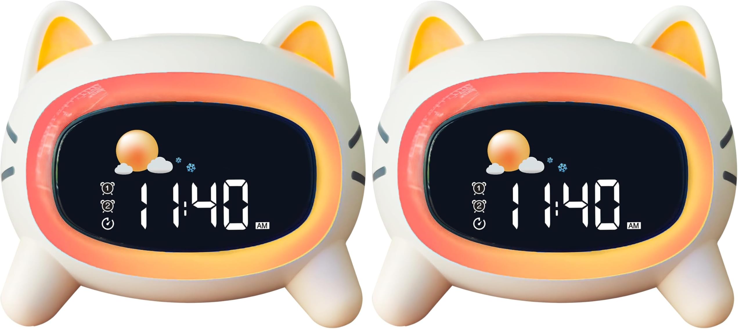 Réveil Enfant éducatif Jour/Nuit avec 2 Réveils Alarmes - Mode Weed-End - Veilleuse - Son de Sommeil - Rechargeable avec Secteur pour Enfant Fille Garçon (Lot de 2)