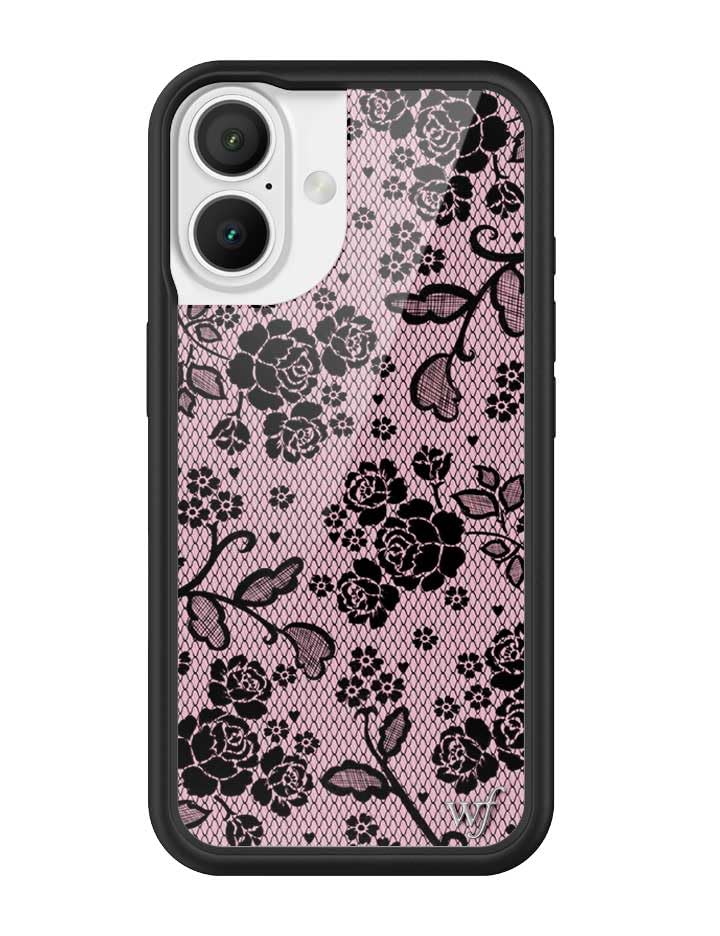 Image of Wildflower Cases - Compatible with iPhone 16 | Protective Black Bumper, 6.5ft Drop Test Certified, Women Owned Small Business | Pink Black Floral Rose Aesthetic Trendy | Lace Lover