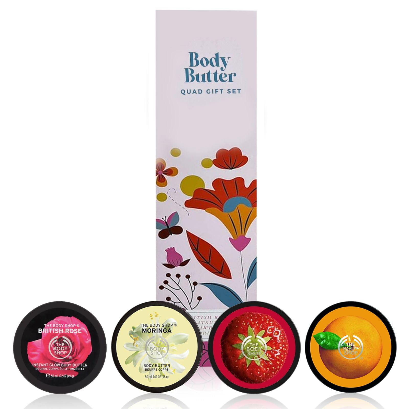 Body Moisturizers Set - 4 x 50ml Moringa Strawberry British Rose Satsuma Body Cream Shea Cocoa Butter Sesame Seed Oil - Natural Skin Care Gift Set