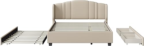 Miniatura 117 de Elegante cama con plataforma tapizada de terciopelo de tamaño Queen con cabecero, para niños, niñas y adolescentes (beige @cabecero/, Queen)
