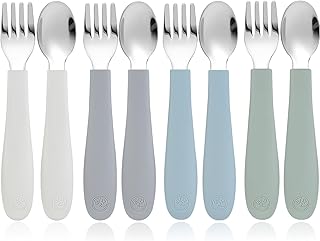CoixFoam 8 Pieces Toddler Utensils, Toddler Safe Silverware Set With Food Grade Silicone Hanlde, 18/8 Stainless Steel, Perfect Length For New Self Feeders, Dishwasher Safe