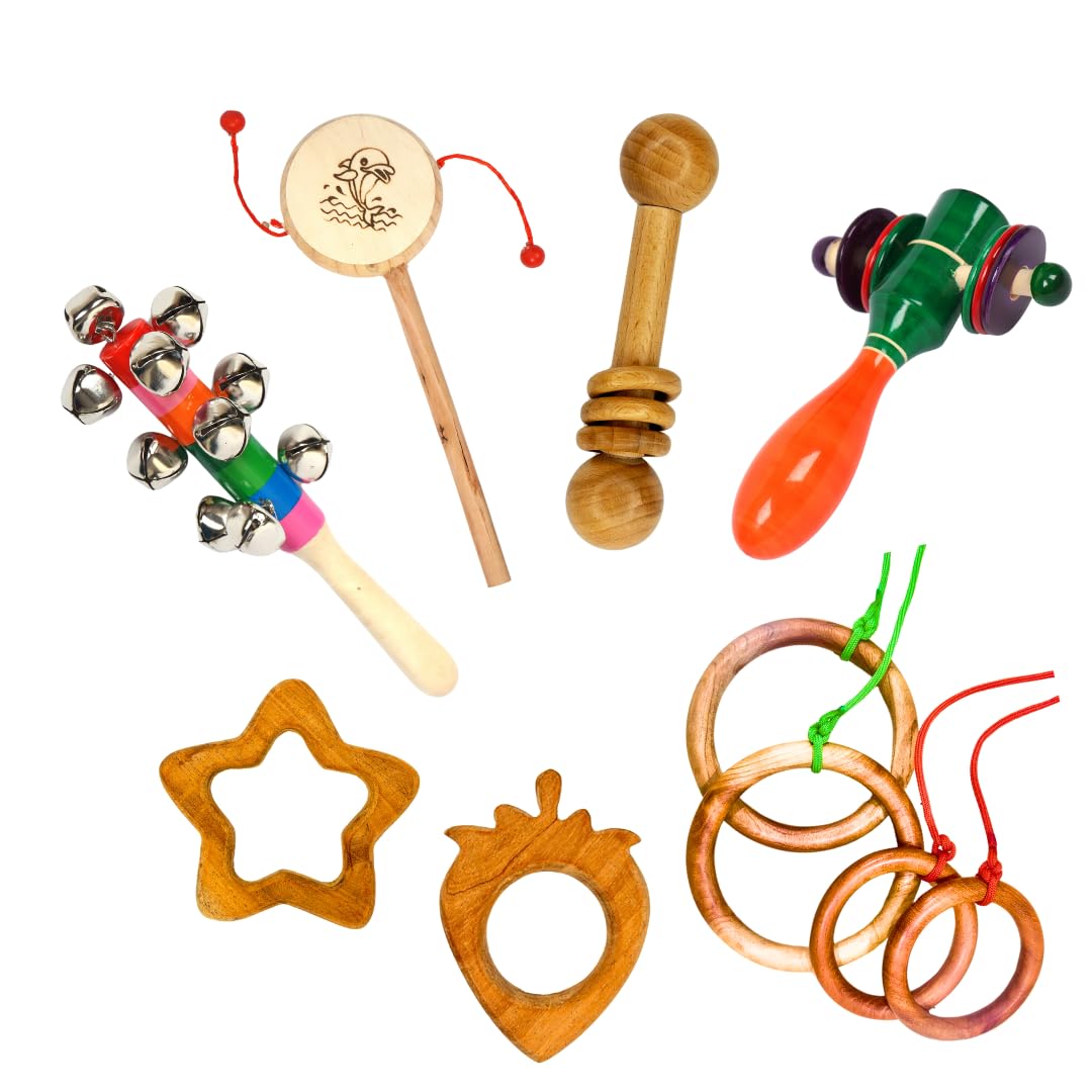 Mother Touch Toy Neem Wood Baby Rattles & Teethers Set (8 Items) | Non-Toxic, BPA-Free Wooden Infant Toys for 0β2 Years | Natural Neem Jhunjhuna, Teethers & Cradle Rings Gift Box