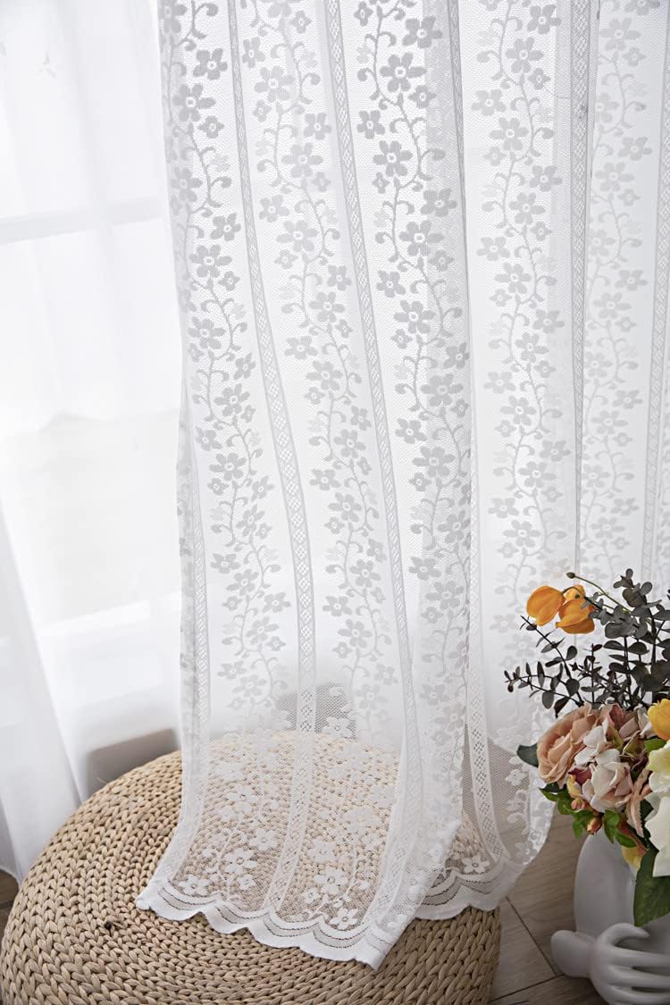 White Little Flower Lace American Style Sheer Curtains Voile Gauze Home Decor for Living Room Bedroom(2 Panels, W 100 x L 102 inch, White)
