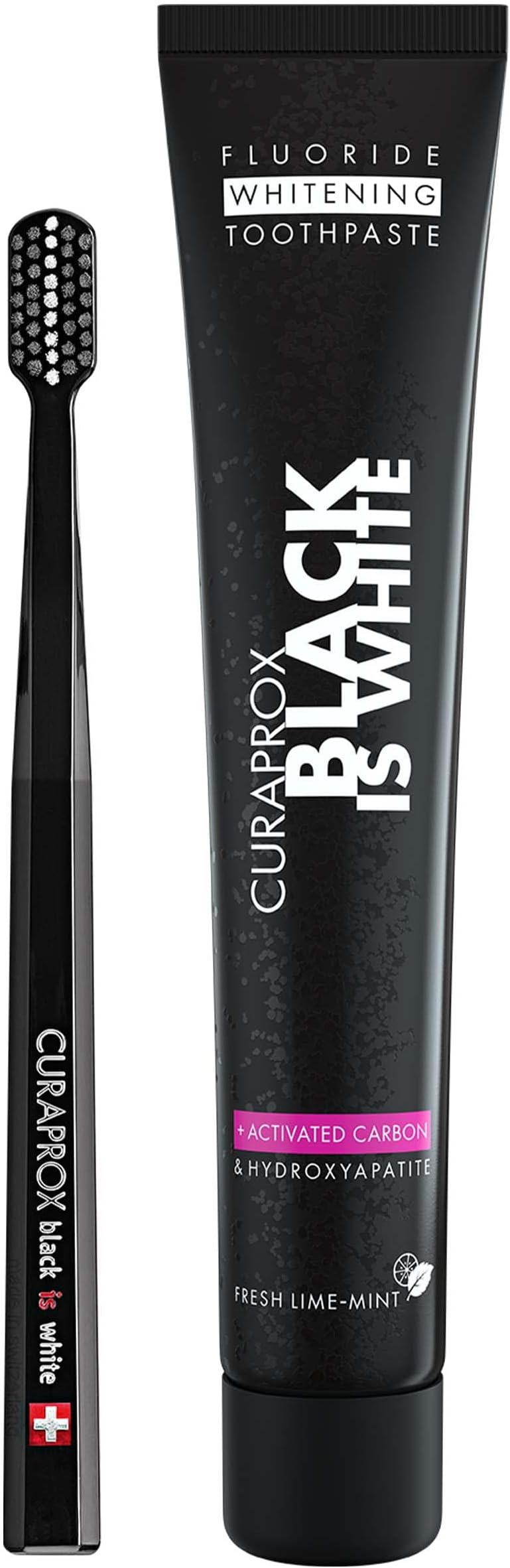 Curaprox Black Is White Teeth Whitening Set, Charcoal Toothpaste 90ml and Ultra Soft Toothbrush, Activated Carbon Plaque Removal, Fluoride Enamel Protection, Swiss Oral Care System