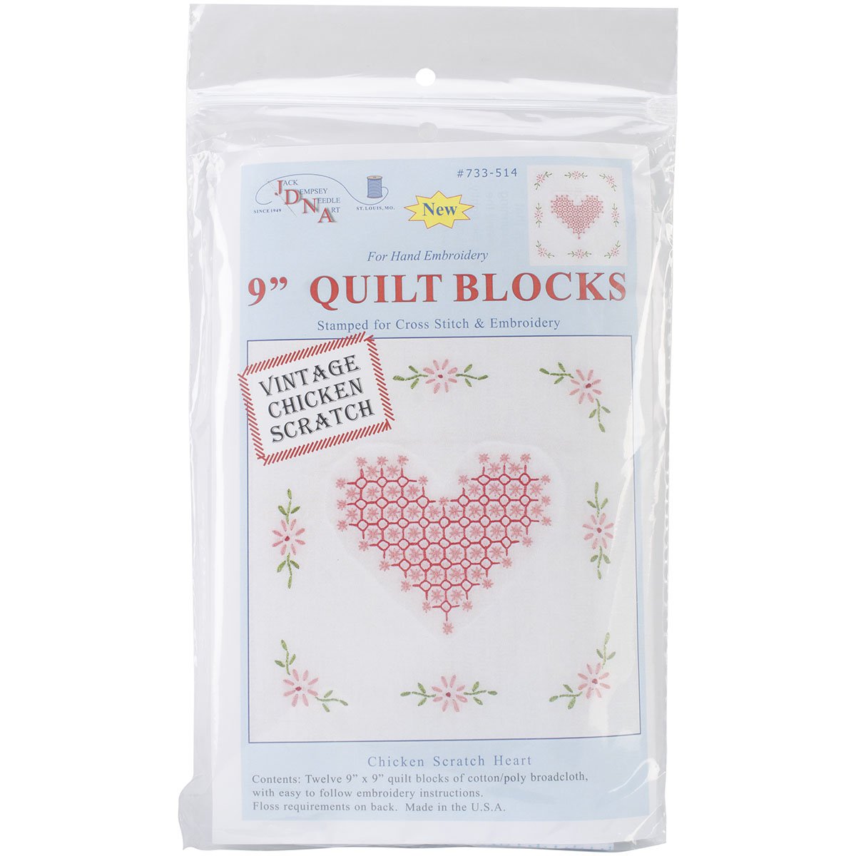 Stamped White Quilt Blocks 9x9 12/Pkg-Chicken Scratch Hearts