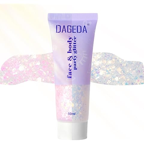 DAGEDA Light-Reactive to Pink Body Glitter Gel, Holographic Face Glitter Rave Party Accessories, Chunky Glitters for Hair Eyes Nails, Cosmetic Laser Powder Festival Sequins Paint Makeup