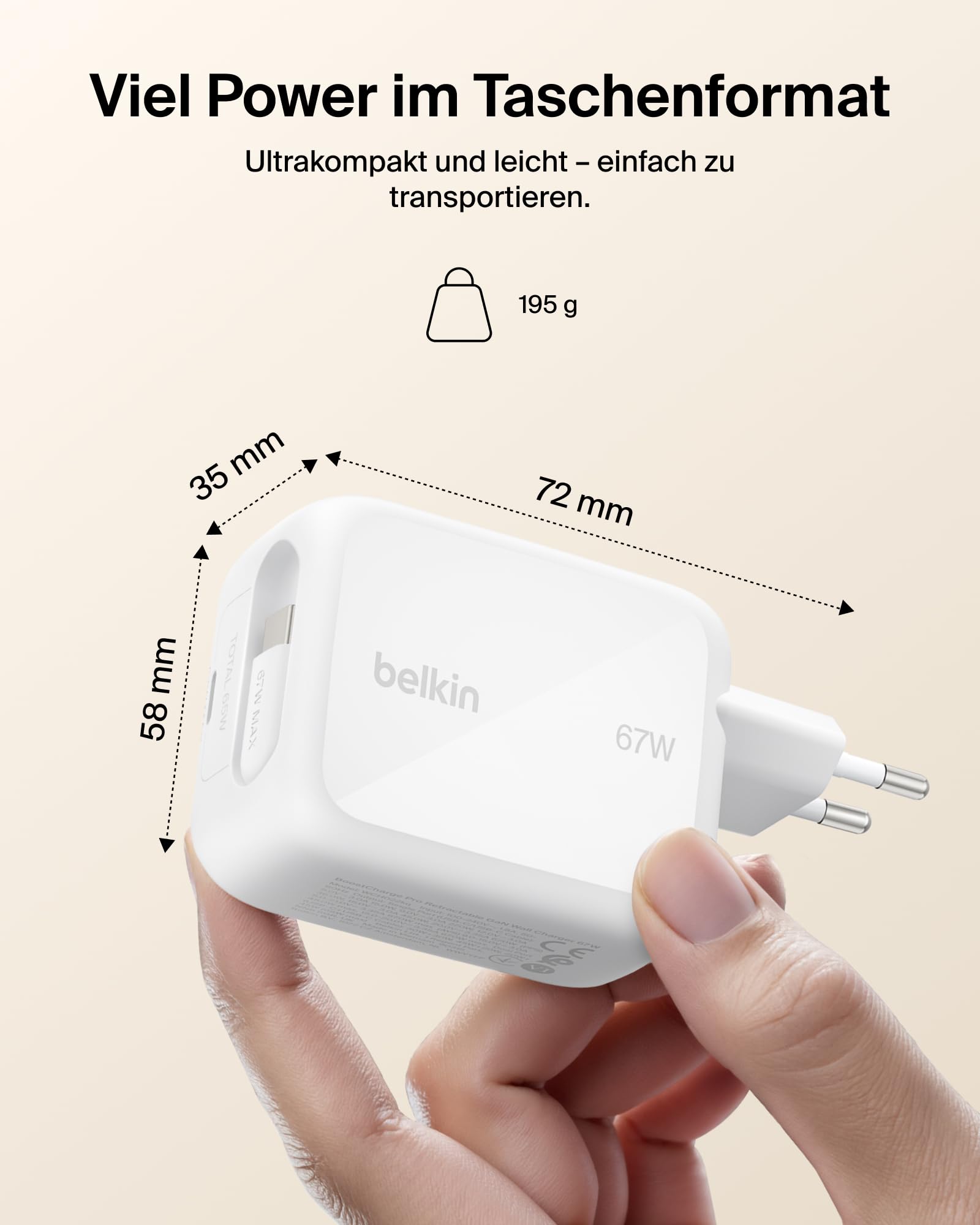 Belkin USB C Ladegerät 67W mit Einziehbarem 1 m USB-C-Kabel + USB-C-Anschluss, GaN iPhone Schnellladegerät, USB Adapter für die Serien iPhone 17, 16, Galaxy S26, AirPods, Tablets, MacBook, Chromebook