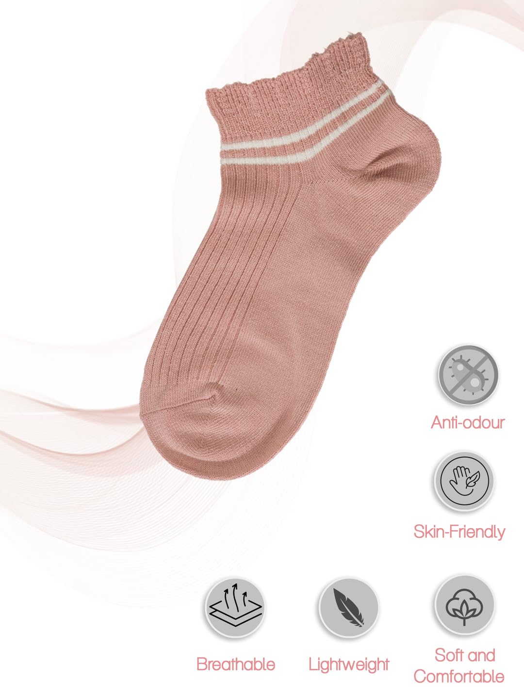 Yellow Bee Cotton Striped Ruffle Cuff Ankle-Length Socks for Girls - 4 Pairs, Peach, Beige, Black and Cream, 10-12 Years - Image 3 thumbnail