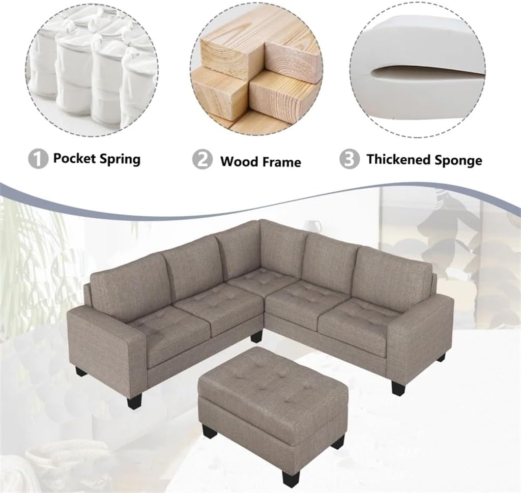 Sectional Corner Sofa L-Shape Couch Space Saving with Storage Ottoman & Cup Holders Design for Large Dorm Apartment