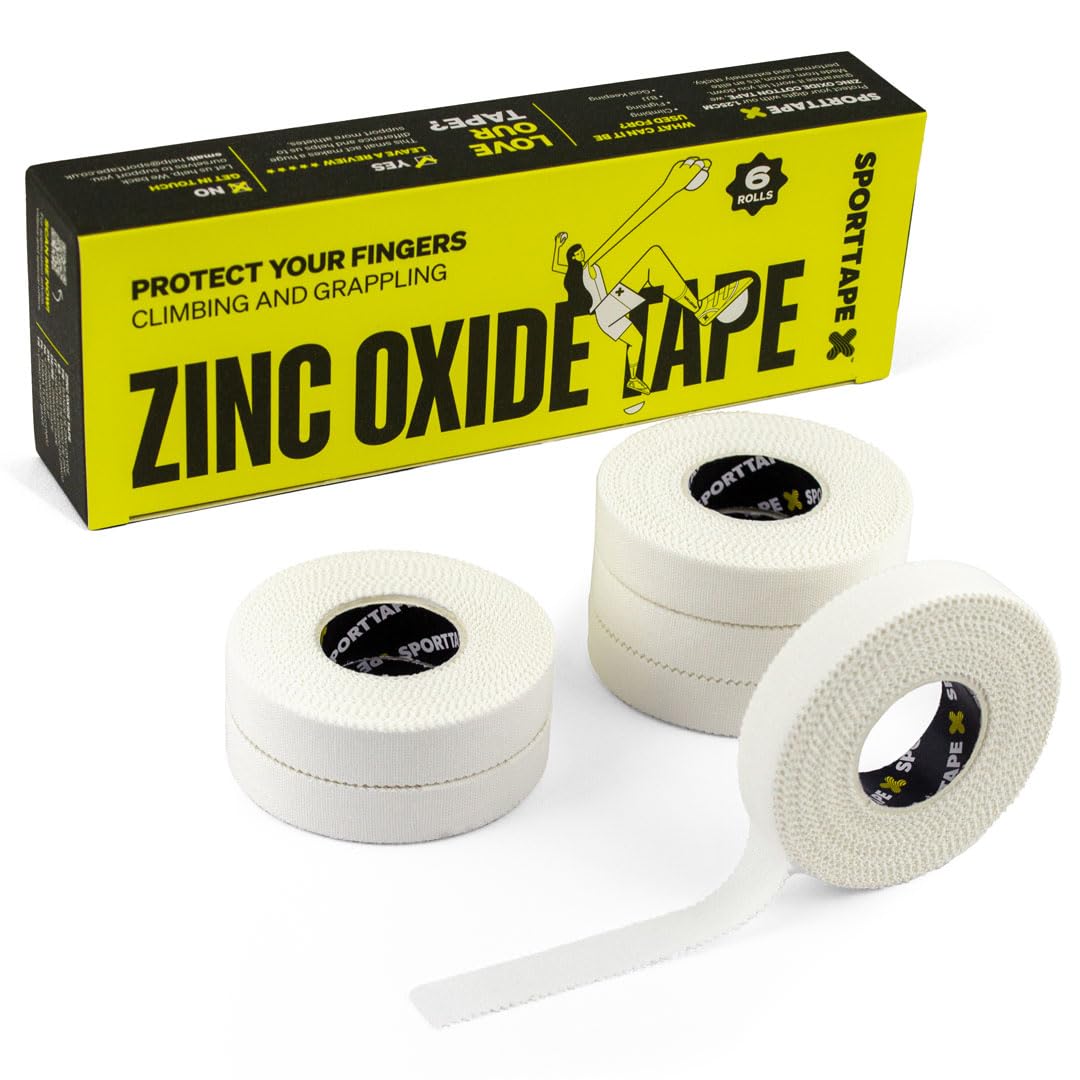 SPORTTAPE Zinc Oxide Finger Tape - 6 Rolls, White - 1.25cm x 10m | BJJ, Climbing, Bouldering, Jiu Jitsu, Rowing & Golf Zinc Oxide Tape for Sports Injury Strapping and Joint Protection (3 x Packs of 2)