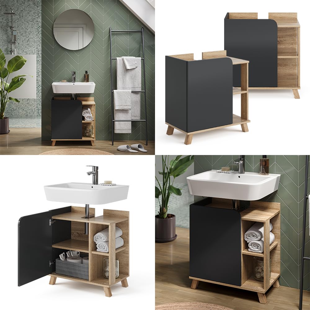 Vicco Mueble bajo Lavabo Karen, Sonoma/Antracita, 60 x 65 cm con Puerta y Compartimentos Abiertos, con Recorte para sifón para instalación Debajo del Lavabo