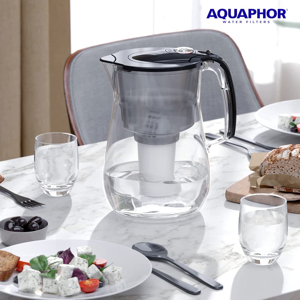 AQUAPHOR Jarra Filtrante Provence Negra - 4,2 L, 2 Filtros A5, Reduce Cal y Cloro, Efecto Cristal, Elegante Recipiente de Mesa