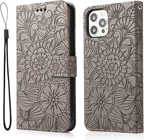 Protégez votre iPhone 13 Pro avec cet étui portefeuille floral antichoc gris