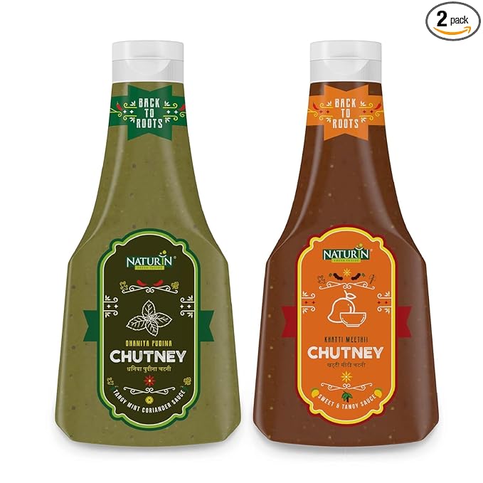 Naturin Chutney Combo – Pack of 2 | Dhaniya Pudina (370g) & Khatti Meethi (425g) | Tangy Mint-Coriander & Sweet-Spicy Chutneys | Gluten-Free | Perfect for Indian Snacks