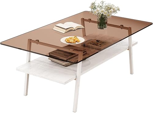 Miniatura 7 de Mesa de centro moderna de vidrio con marco de metal, mesa central de doble capa para sala de estar, mesa de centro de cristal de diseño elegante,
