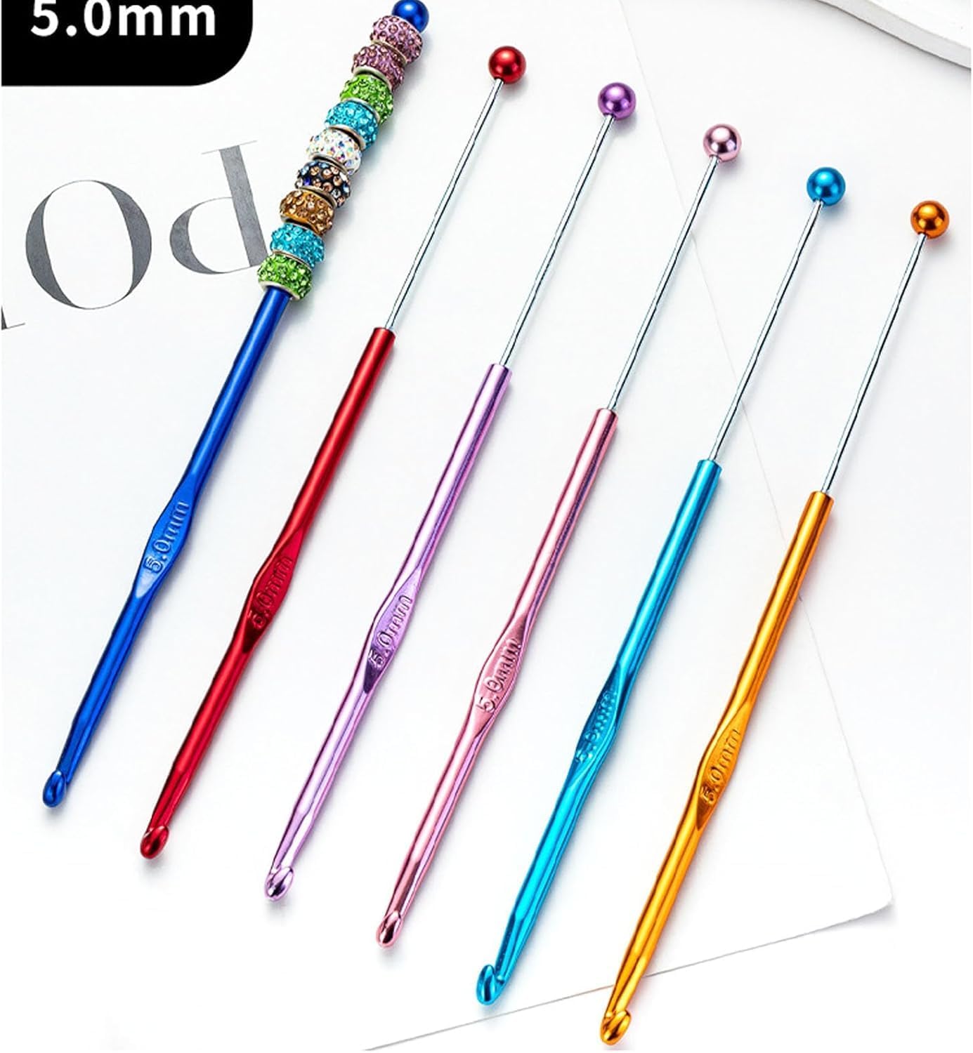 18 Pack DIY Beadable Crochet Hooks Knitting Needles Set Aluminum Handle for Focal Beads Colors (Blue Purple Red Orange Pink Light Blue, 4-6 mm)