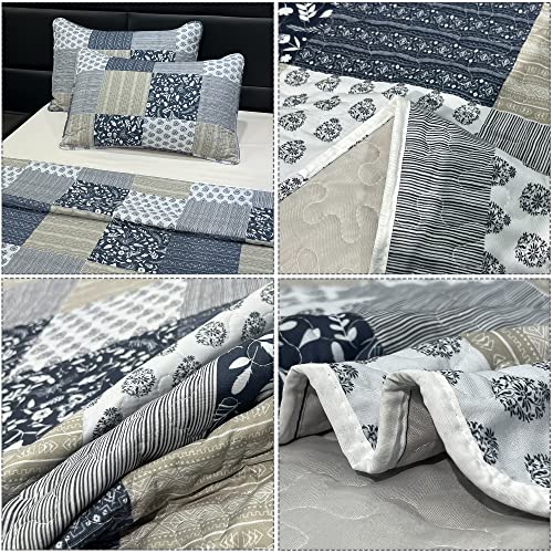 Grey Patchwork Quilt Set Full Queen Size Floral Plaid Reversible Quilted Bedspread Coverlet 3-Piece Lightweight Comforter Stitched Bedding Set Bed Sheet Set Cover Blanket With 2 Pillow Shams #TOP5