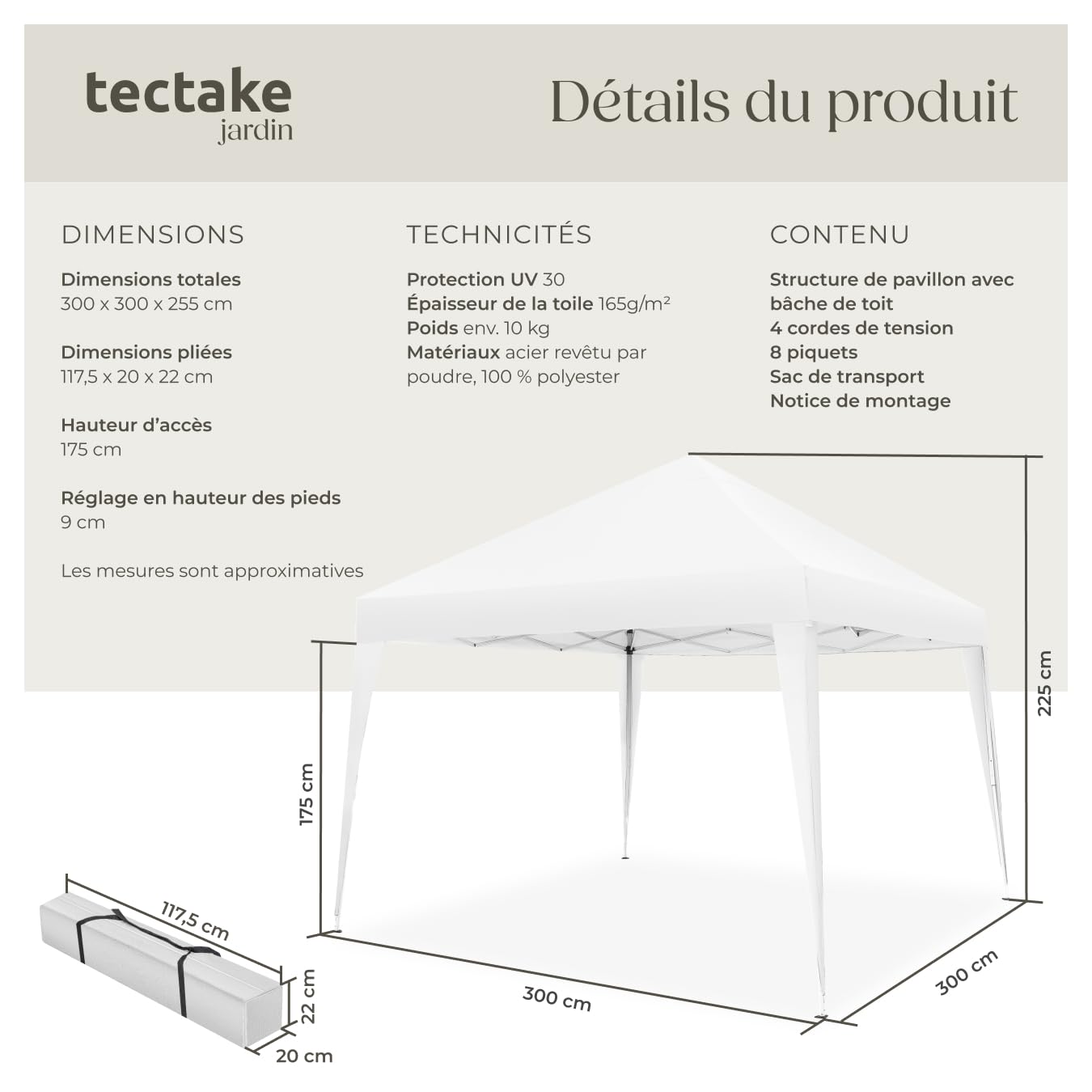 tectake® Tonnelle de Jardin 3x3m en Acier époxy Pliable Tente de réception Pavillon, Imperméable, Sac de Transport Inclus, Tonnelle terrasse Exterieur Tente de réception Barnum Mariage Baptême