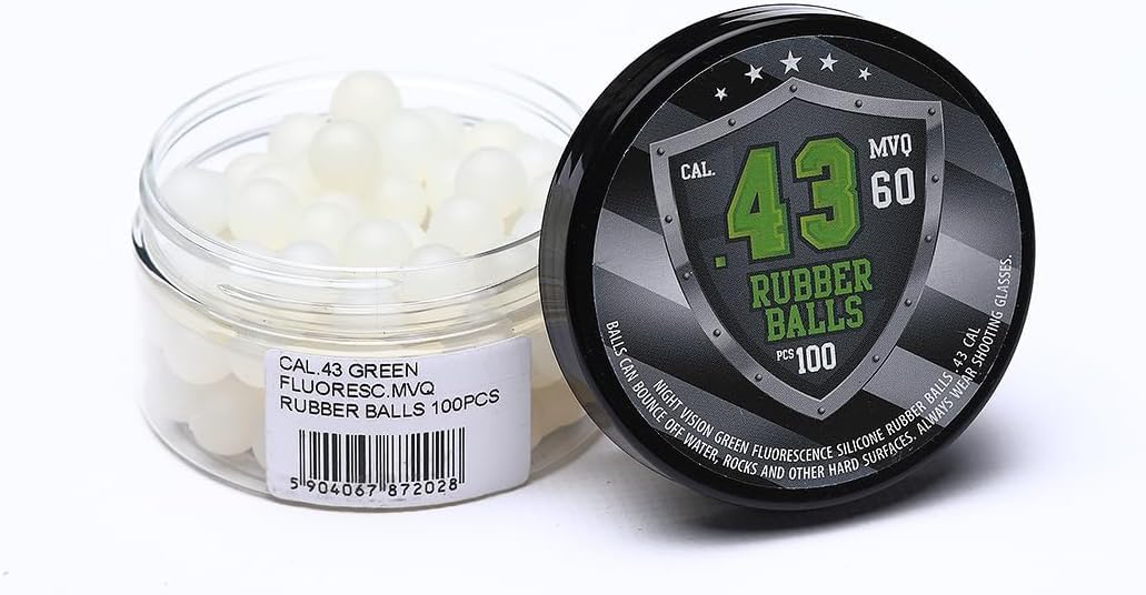 Glowing Rubber Balls in 43 Caliber - Glow in The Dark Resuable Rubber Balls in Green w. Silicon for Training Paintball Pistols in 43 Cal. Home self Defense.