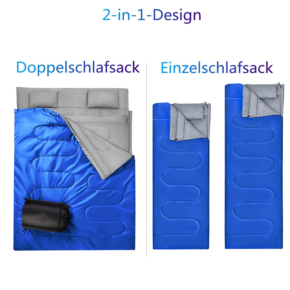 GYMAX Saco de Dormir Doble 2 en 1, Saco de Dormir Adulto con 2 Almohadas y Bolsa de Transporte, Saco Cama Campismo para 2 Personas, Ligero y Resistente al Agua de 0 °C a 15 °C