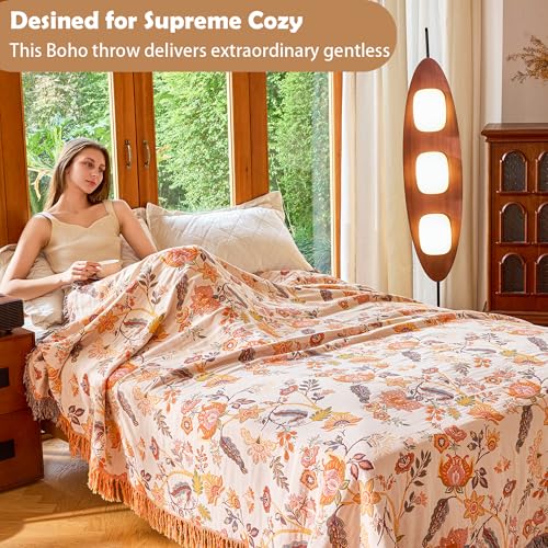 Image of VANJOROY Boho Throw Blanket 80 inch x 90 inch, 100% Organic Cotton Breathable Skin-Friendly Ultra Soft Bed Quilt Throw - Floral Rustic Decor Luxury Reversible Blanket for Sofa Couch Chair and Gift,