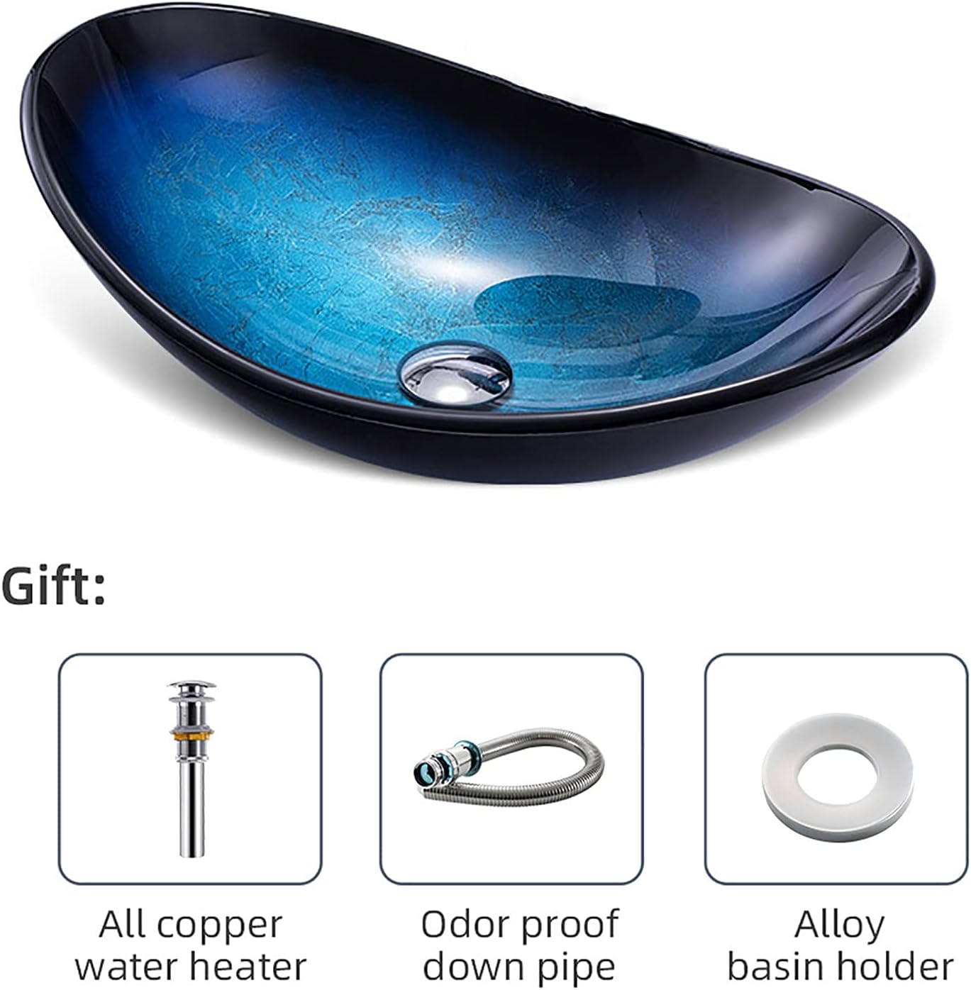 Bathroom Vessel Sink, Tempered Glass Vessel Sink Blue Artistic Vessel Bowl Sink Oval Countertop Vanity Vessel Sink with Pop Up Drain, 540×360×160mm,Single Sink