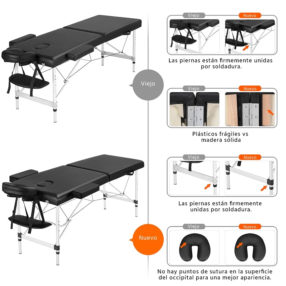 Yaheetech Camilla Masaje Plegable Portátil Profesional de 2 Zonas Capacidad 250 kg con Bolsa para Fisioterapia Reposacabezas Ajustable Altura y Reposabrazos Extraíbles 213 x 80 cm/Negro