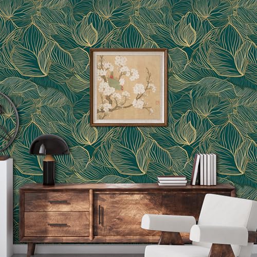 AROMMO Gold Leaves Peel and Stick Wallpaper Self Adhesive Removable Green Wall Paper Contact Paper Waterproof Vinyl Wallpaper for Bedroom Living Room Cabinets 17.71"x236.2" — view 6