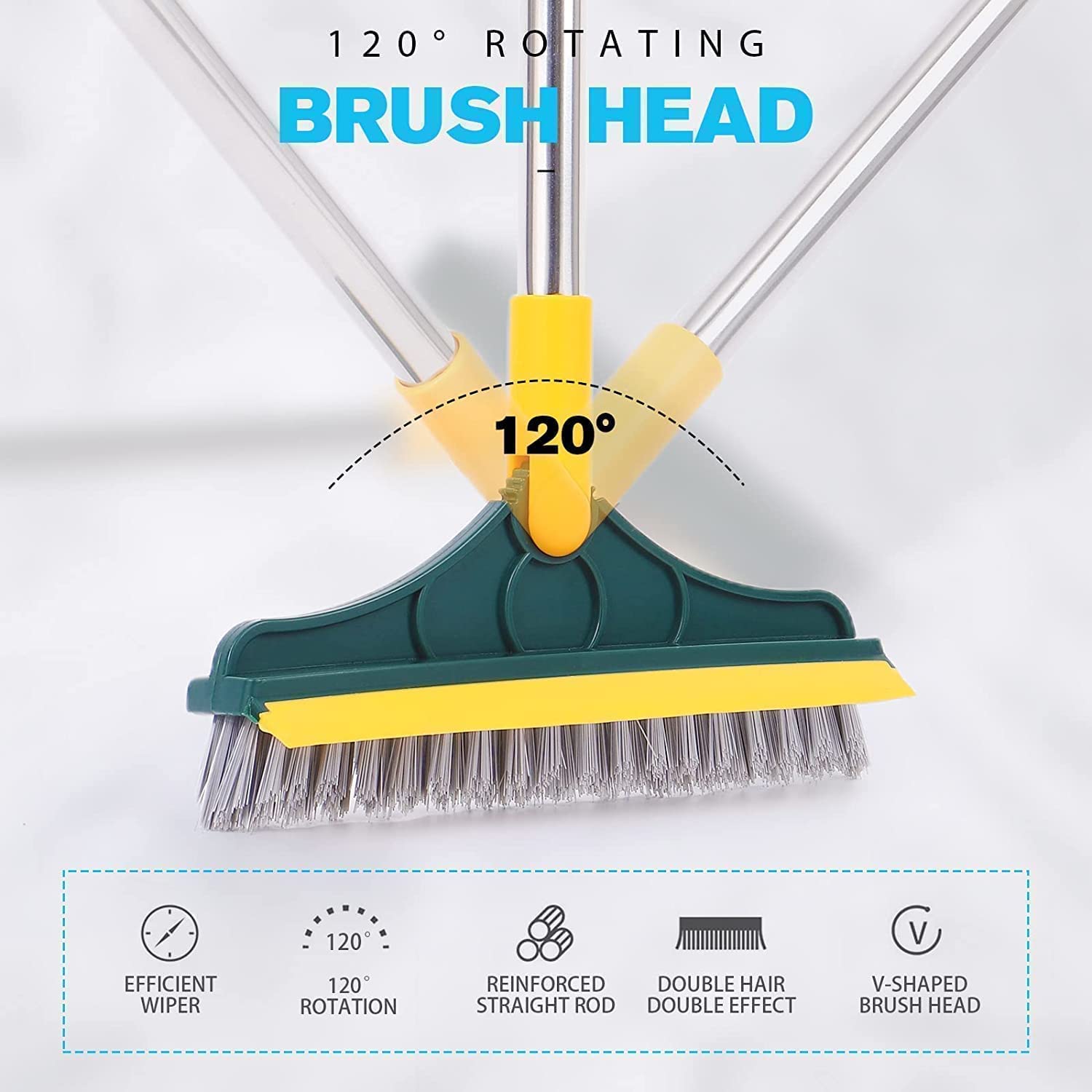2-in-1 Bathroom Cleaning Brush with Wiper and Long Handle - 120° Rotating Floor Scrub Brush for Tiles, Kitchen, and Home Cleaning Accessories. 1