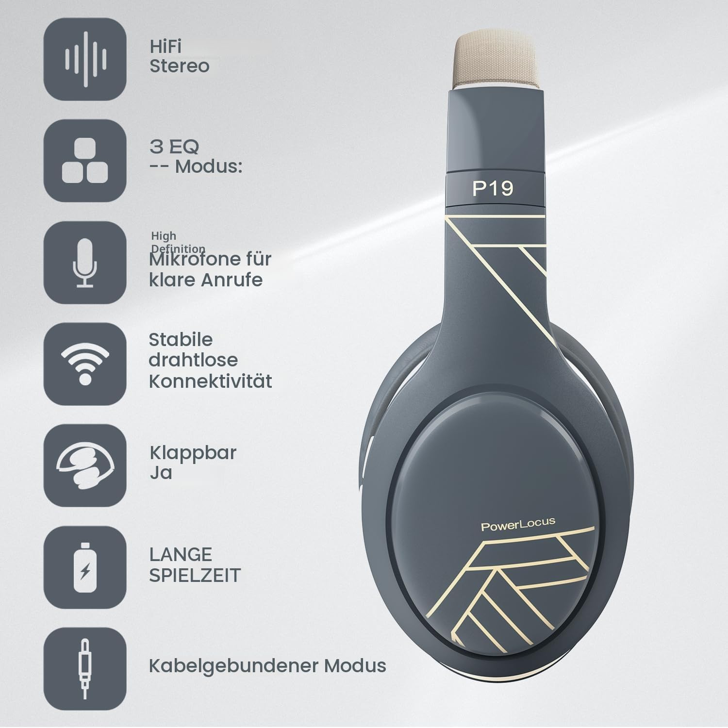 PowerLocus Bluetooth Kopfhörer Over Ear, Kabellos mit 3-EQ modi, 60std. Spielzeit, Hi-Fi-Stereo Faltbare Headset mit Mikrofon, Memory-Foam Ohrpolster und Stoff-Stirnband für Handy/Reisen/PC