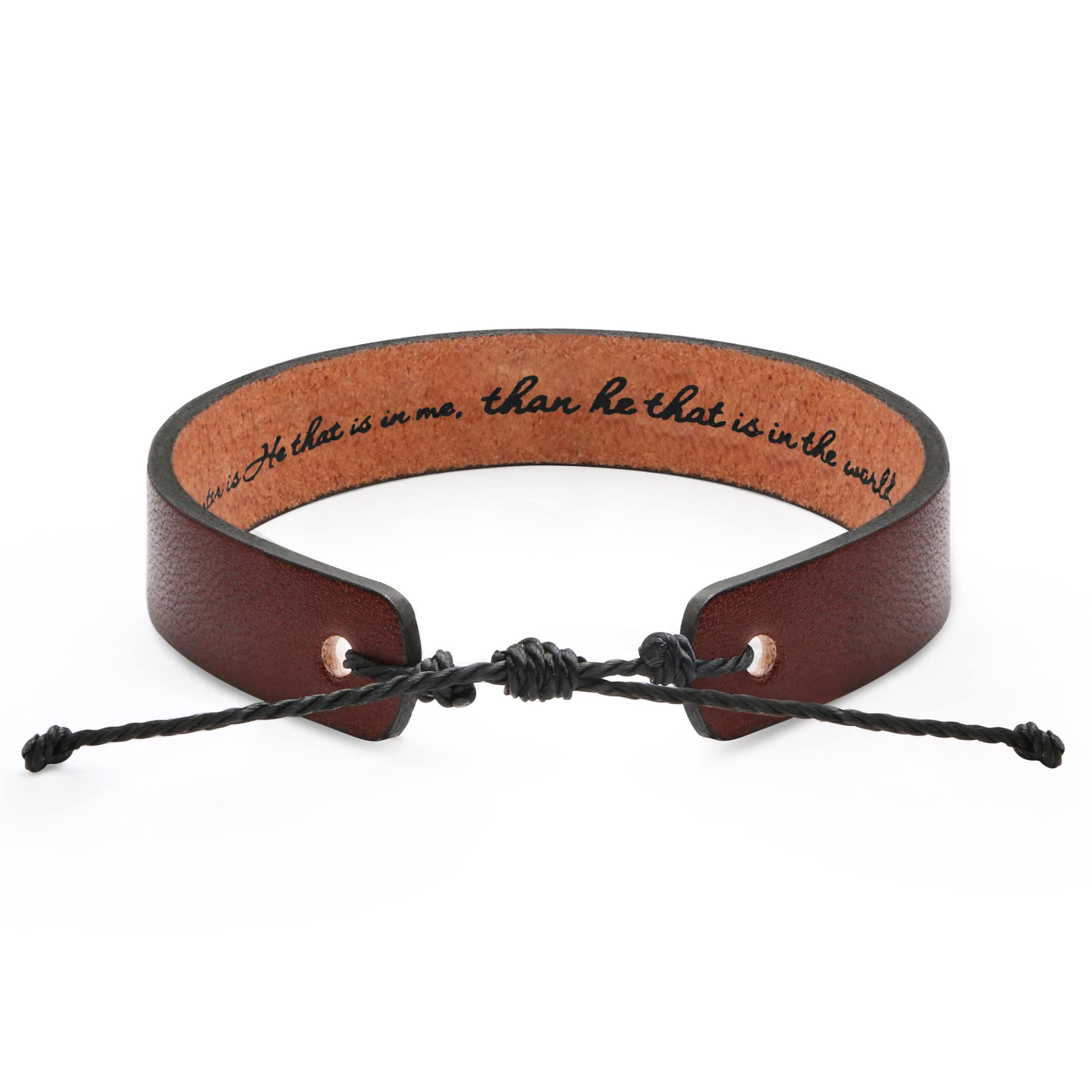 JoycuFFLeather Bracelets for Men Christian Faith Religious Minimalist Baptism Classical Bible Verse Friendship Jewelry Prayer Gifts Greater Is He that Is in Me than He that Is in the World 1 John 4:4