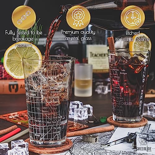 Greenline Goods Beer Glasses - 16 Oz Drinkware Set For Chicago Lovers - Set Of 2 - Etched With Chicago, Il Map | Premium Decorative Glassware #TOP2