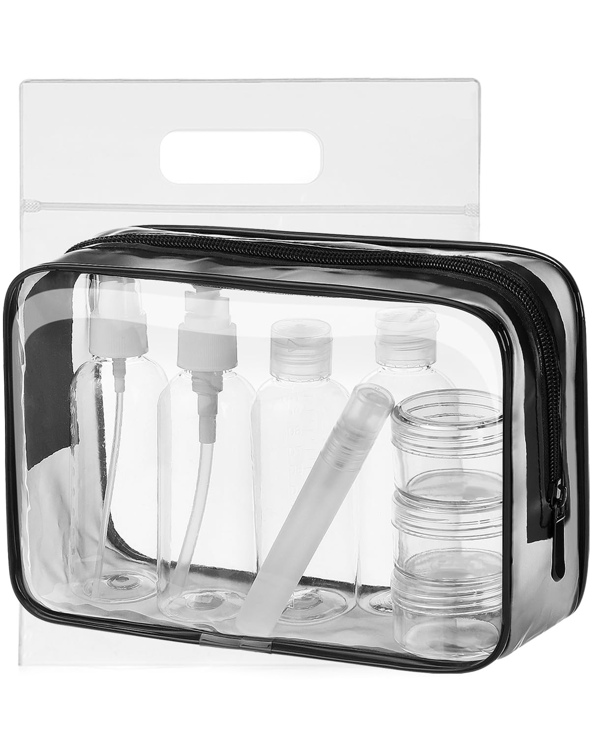MOCOCITO Neceser Transparente con 8 Botellas de Viaje (MAX.100ml) y 1 Bolsa de Vuelo para Líquidos (20x20 CM,1L), Bolsa de Cosméticos Impermeable para Hombre y Mujer