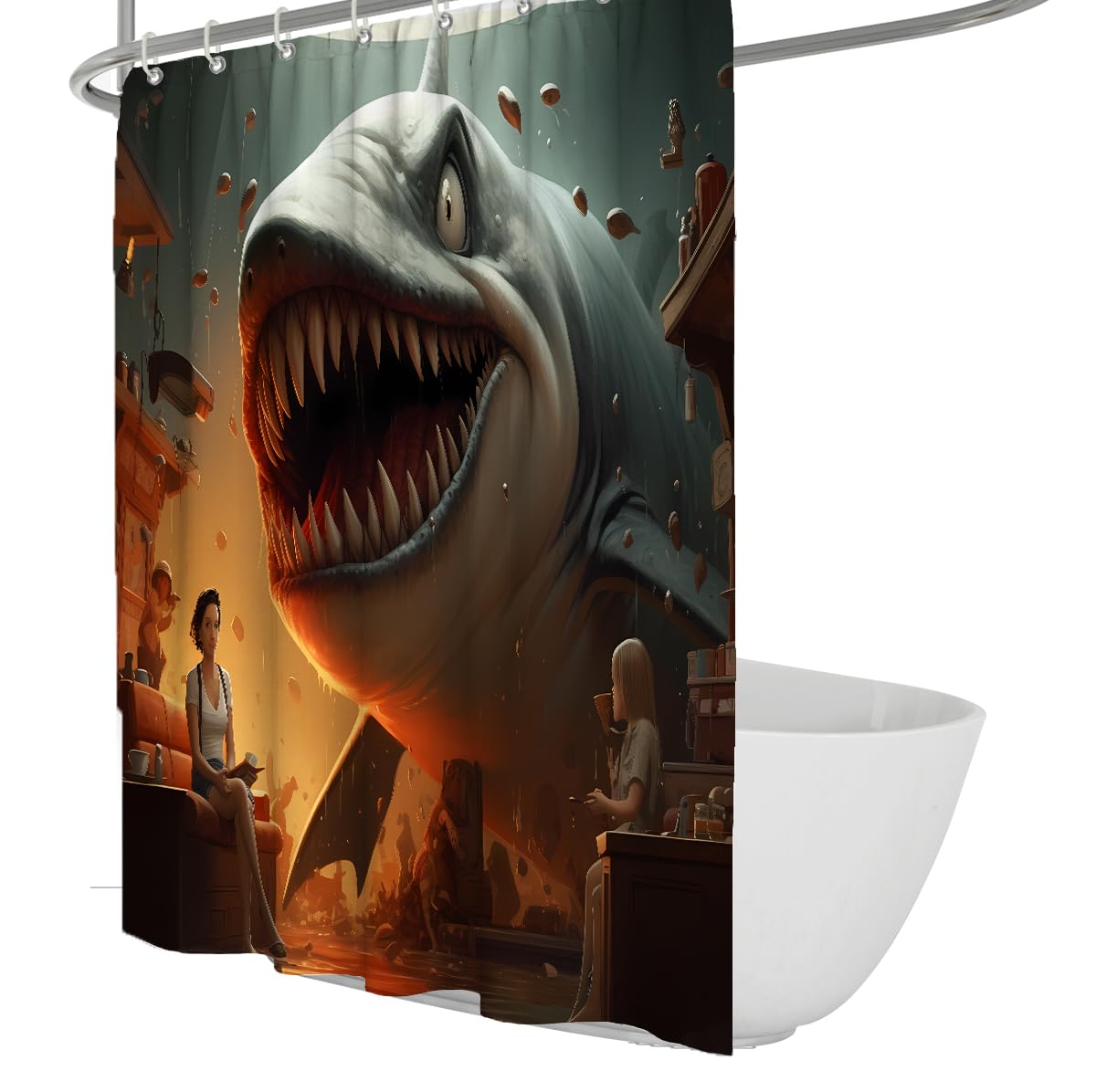 UERWOWELL Surreal Shark Shower Curtain Gothic Art Bathroom Decor Waterproof Washable Polyester Fabric Vintage Fantasy Bath Curtain Panel for Tub W200xL200 cm