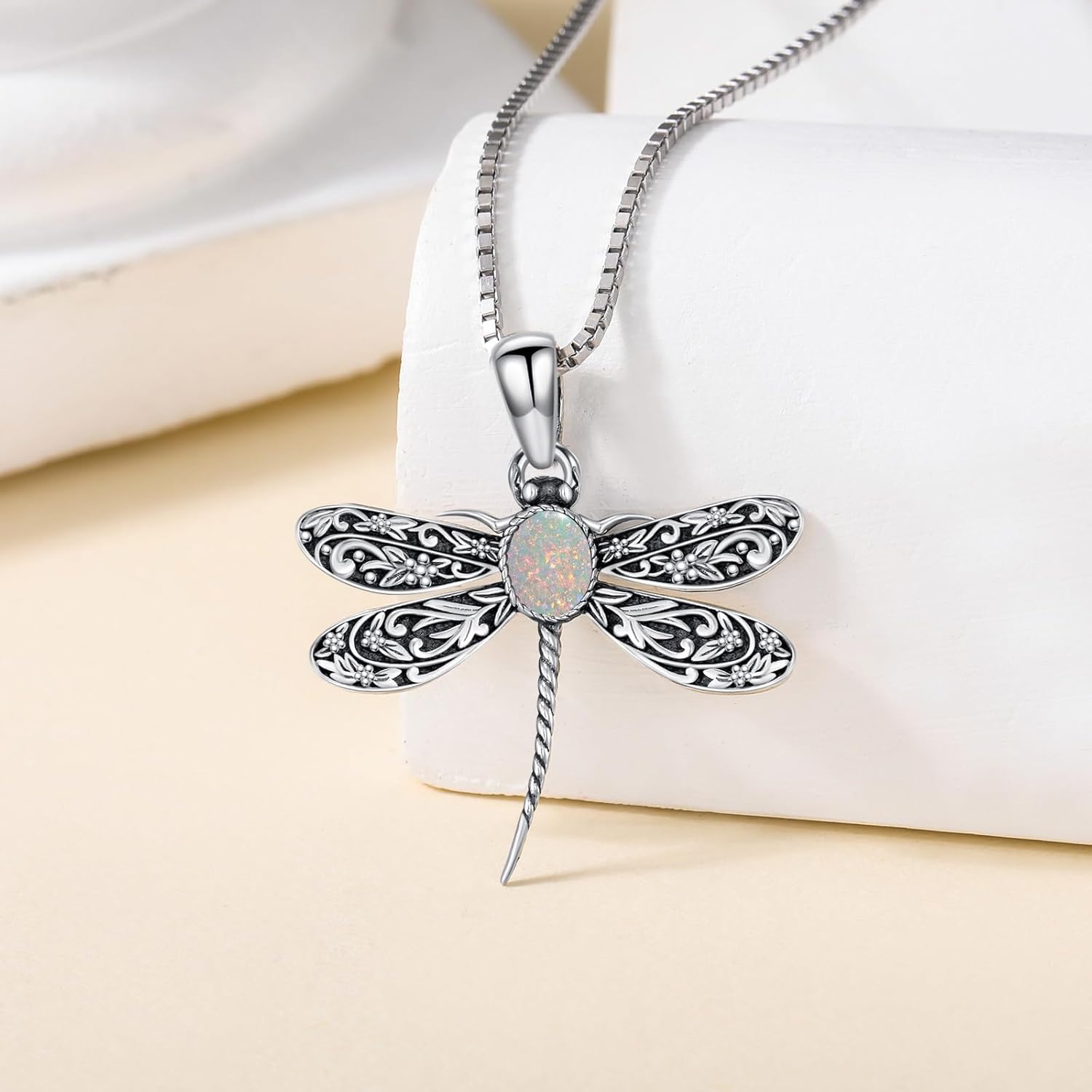 Vintage Dragonfly Necklace for Women 925 Sterling Silver, Oval Birthstone Dragonfly Pendant Boho Jewelry Birthday Gift for Her, Mom, Grandma - Image 2