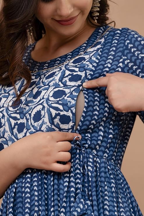 Image of Maternity Feeding Anarkali Kurti Dress for Women | Cotton Nursing Kurta with Both Side Zippers | Pregnancy & Nursing Wear | Comfortable Ethnic