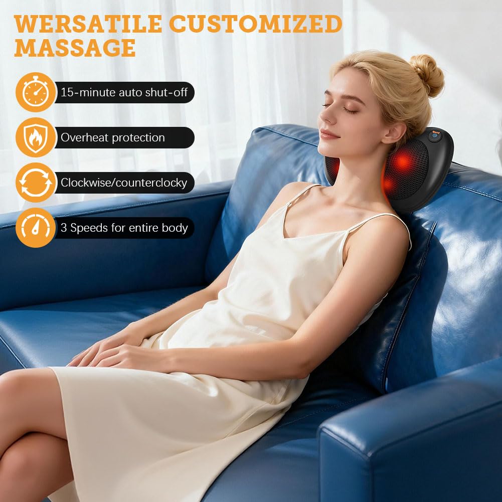 Coussin Massage Shiatsu, Rotation Bidirectionnelle Appareil de Massage avec 4 Nœuds et 3 Vitesses Réglable, Masseur Dos chauffrant, Massage pour Cou, Pieds, Cervical, Corps, Idéal Cadeau de Noël