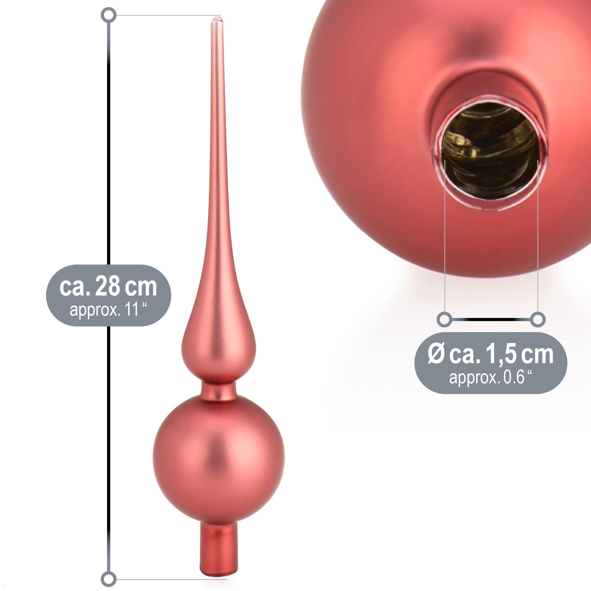 com-four® 2X Cima dell'albero di Natale - Cima dell'albero di Natale in Vero Vetro per Natale - 28 cm - Rosa Nobile Opaco
