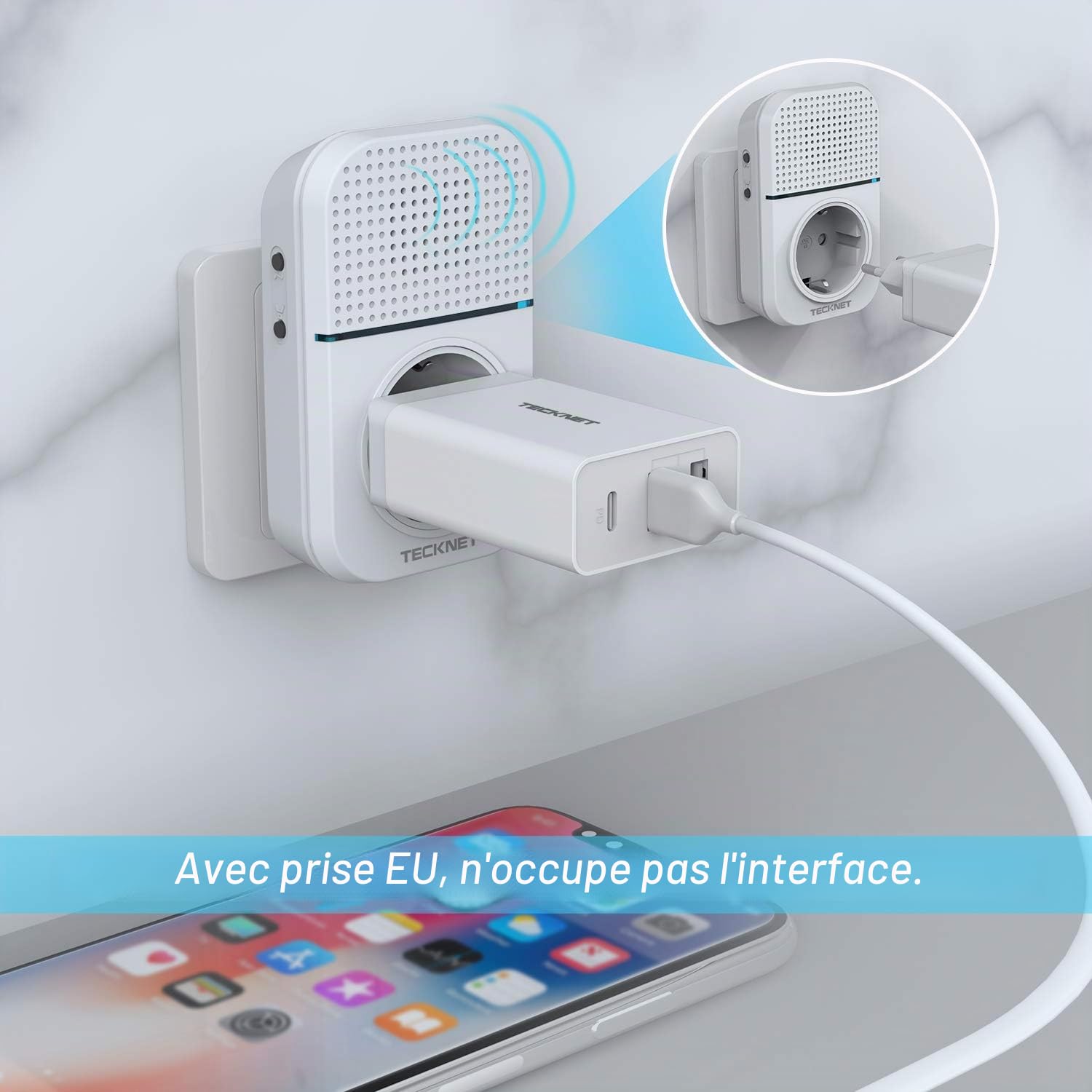 Sonnette Sans Fil, TECKNET 400m Sonnette de Porte IP65 Étanche Carillon Electronique, Sonnette de Porte avec Fonction de Charge et Lumière LED, 60 Mélodies au 5 Niveaux Volumes