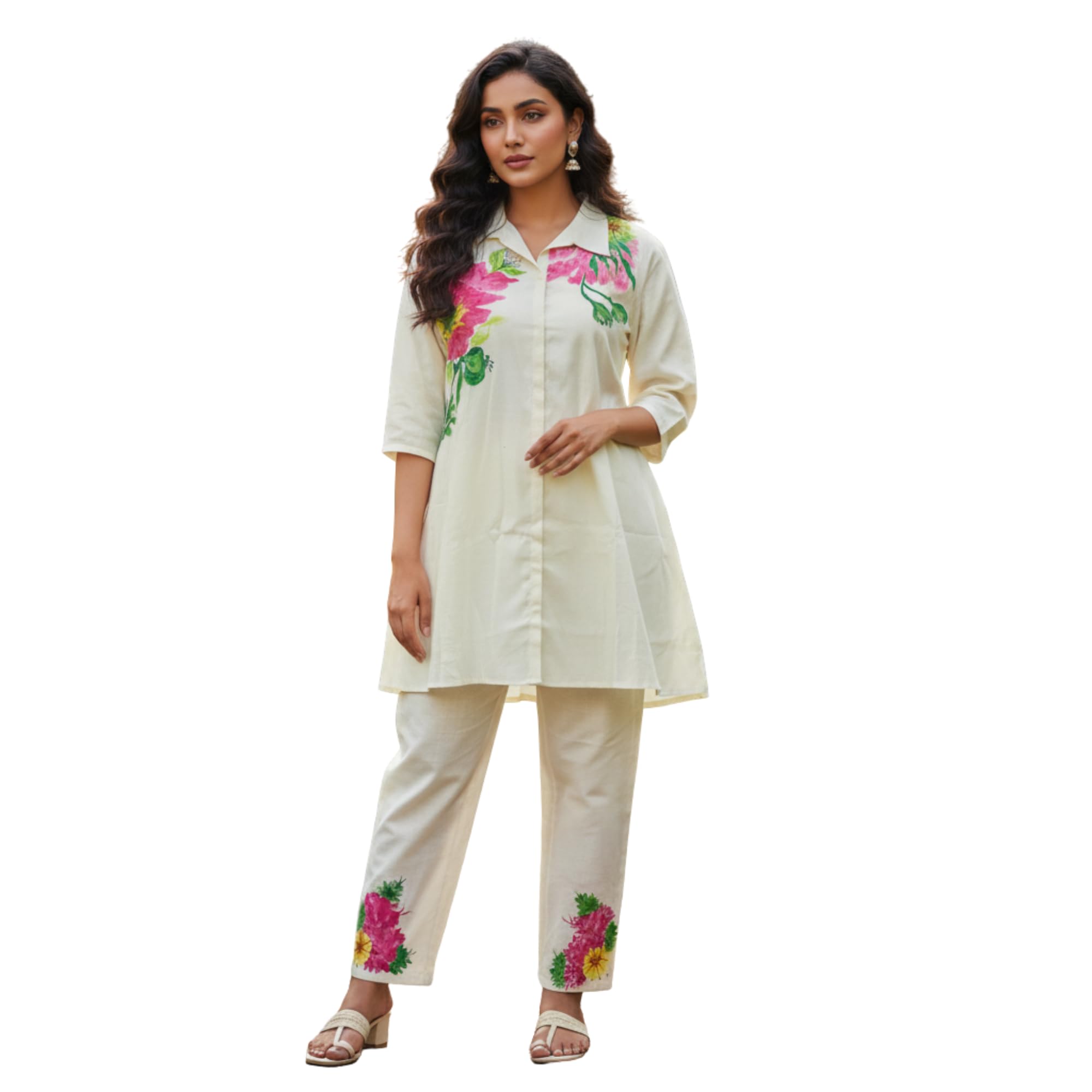 inaaya style hub Kesar Fashion Women 2PCS Co-Ord Set White Pink Floral Print | Top & Bottom Set for Women | Casual, Summer & Daily Wear Outfit XL-picture-44