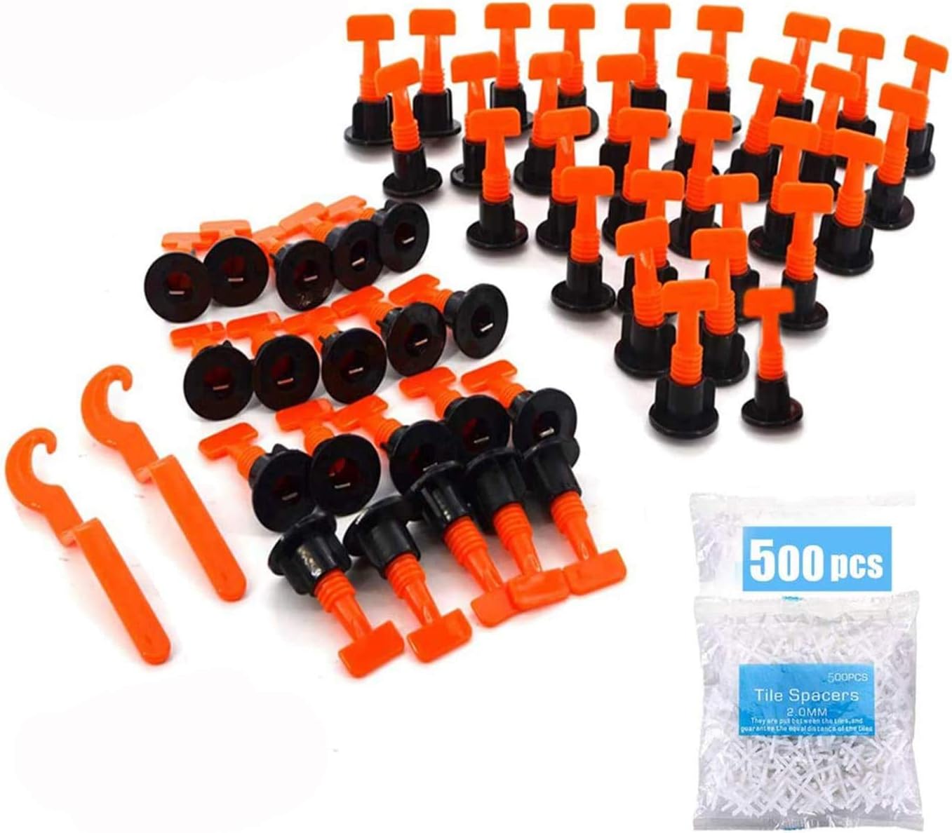 Reusable Tile Leveling System, 100pcs Tile Leveler with 2pcs Special Wrench + 500pcs 2MM Tile Spacers, Tile Leveling Kit Tile Installation Tool for Building Walls Floors - - 