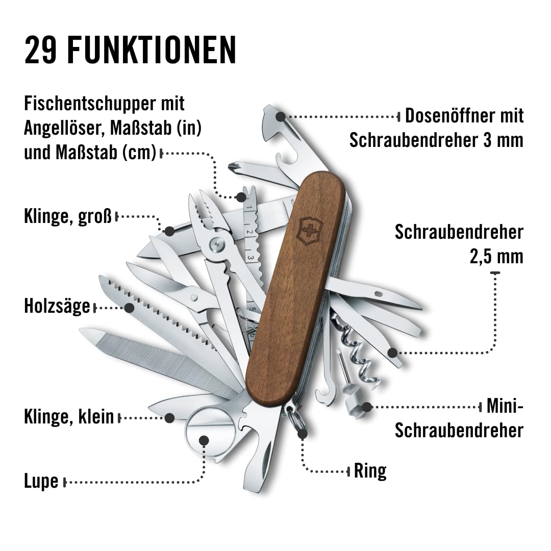 Victorinox Holz Taschenmesser Swiss Champ Wood (29 Funktionen, Nussbaumholz, Holzsäge, Schere)