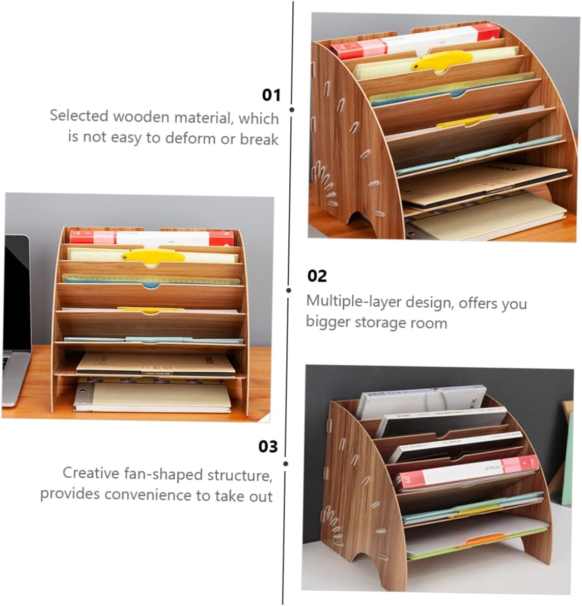 1pc Fan-shaped Wooden Storage Shelf Rack for Office and Study Use Wooden File Organizer Cherry Finish